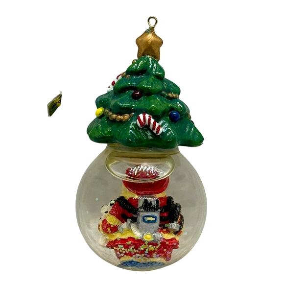 Glass Christmas Water Globe Ornament – Santa with Mini Tree Topper, 3.25″ H - Picture 4 of 7